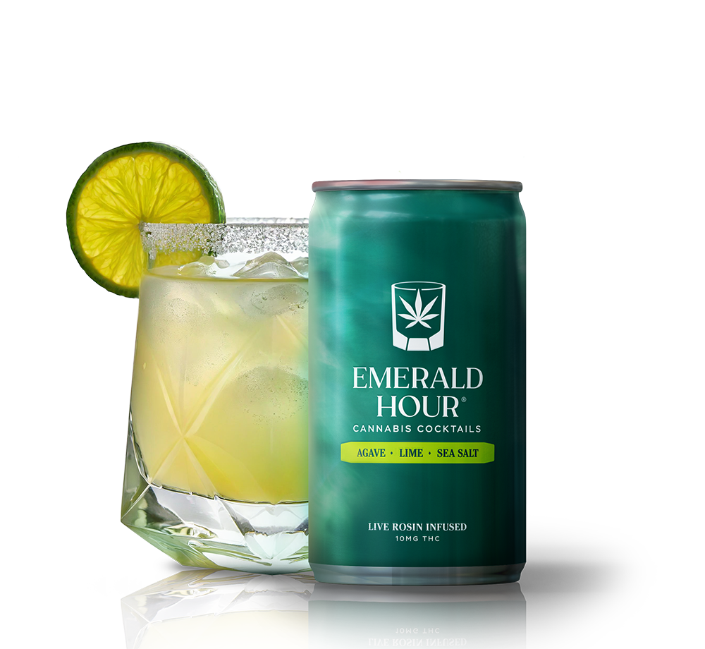 Can of Emerald Hour<sup>®</sup> Cannabis Cocktail Agave, Lime & Sea Salt sitting next to a full margarita glass with a lime wedge.